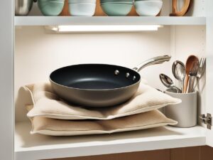 organized kitchen cabinet with an electric frying pan stored safely on a shelf