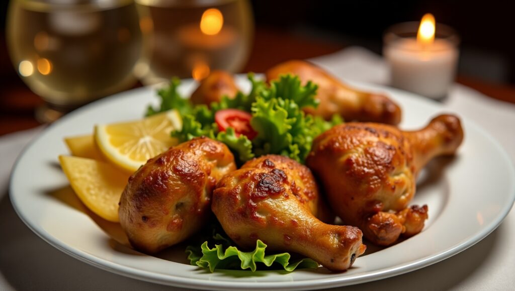 A beautifully plated pan-fried drumsticks