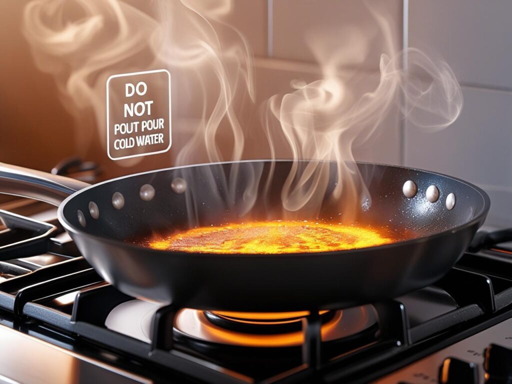 Hot frying pan on stove with cooling warning