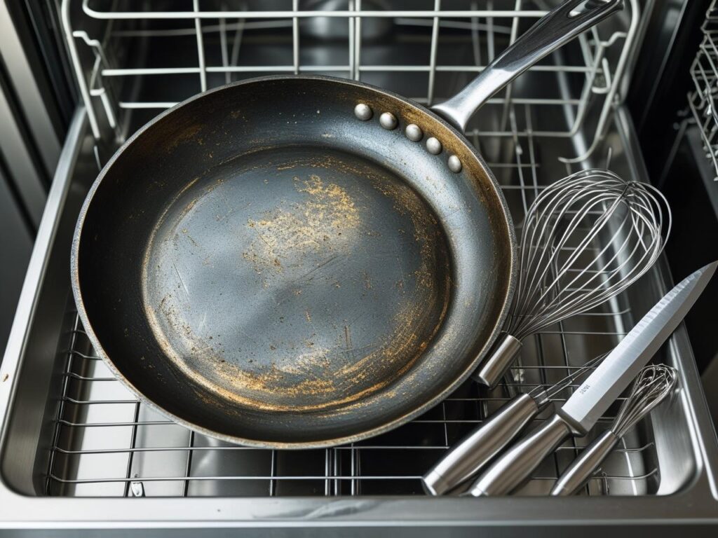 Nonstick pan in dishwasher beside sharp utensils 
