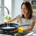 Happy woman handwashing frying pan
