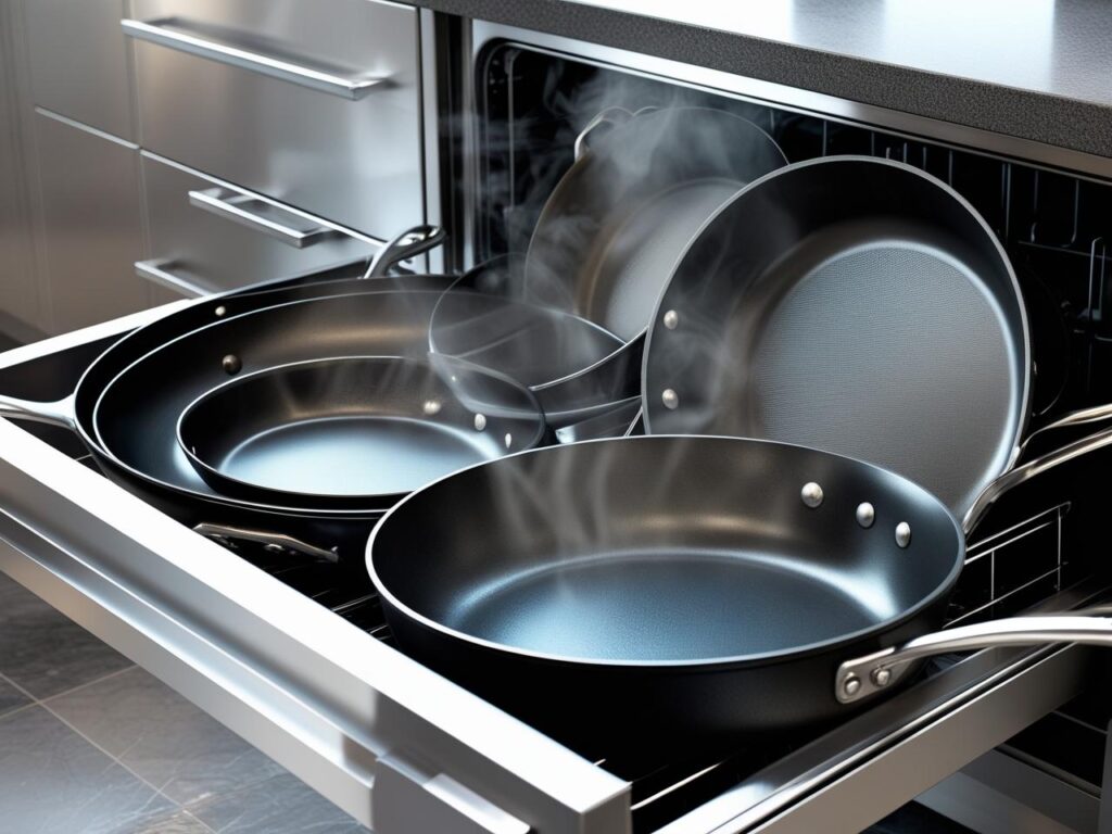 Dishwasher filled with various types of frying pans 