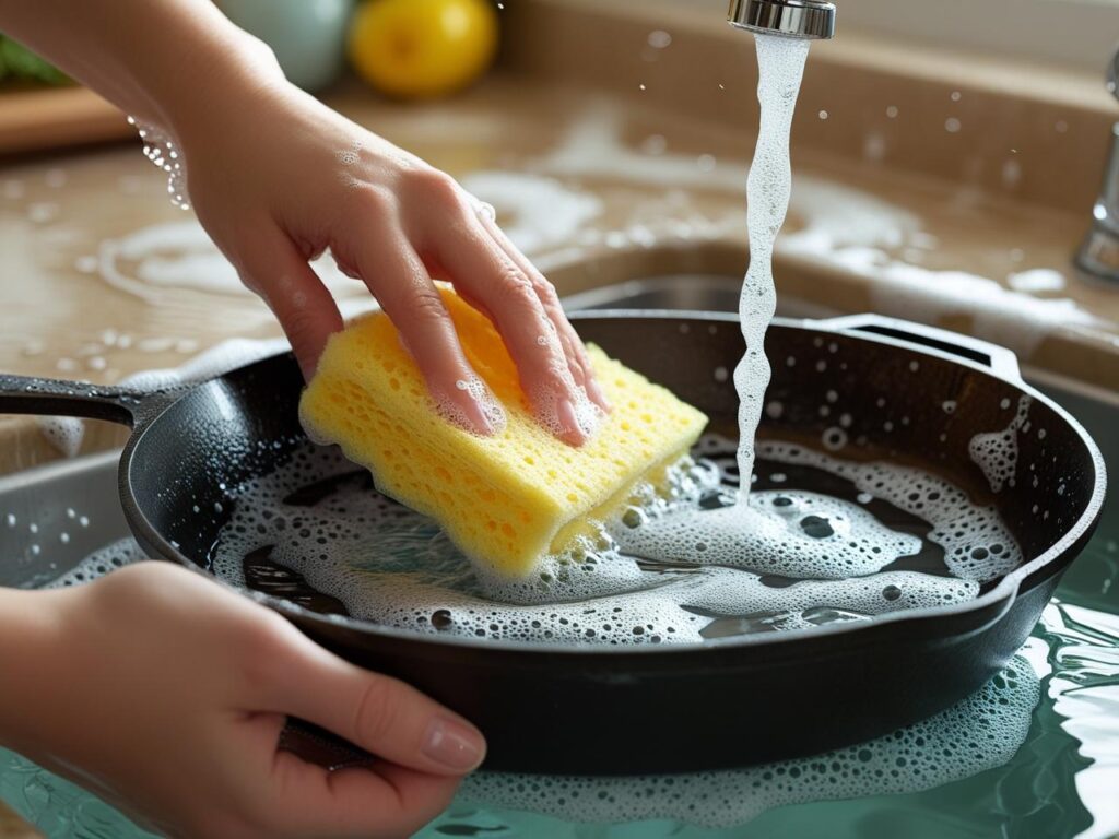 Hand washing a frying pan with sponge and warm water 