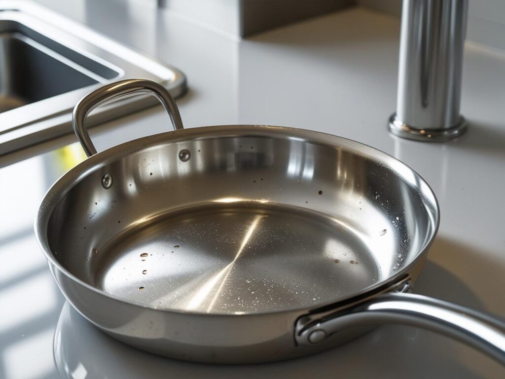 Stainless steel pan with water spots near sink 