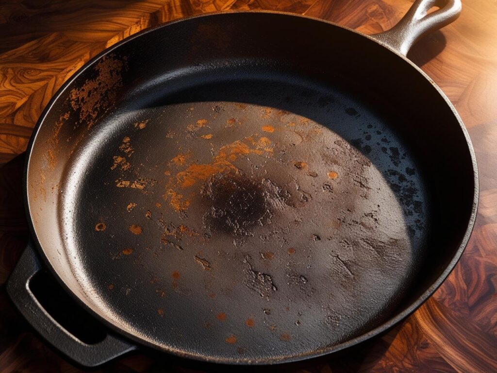 Rusty cast iron pan on wooden table 